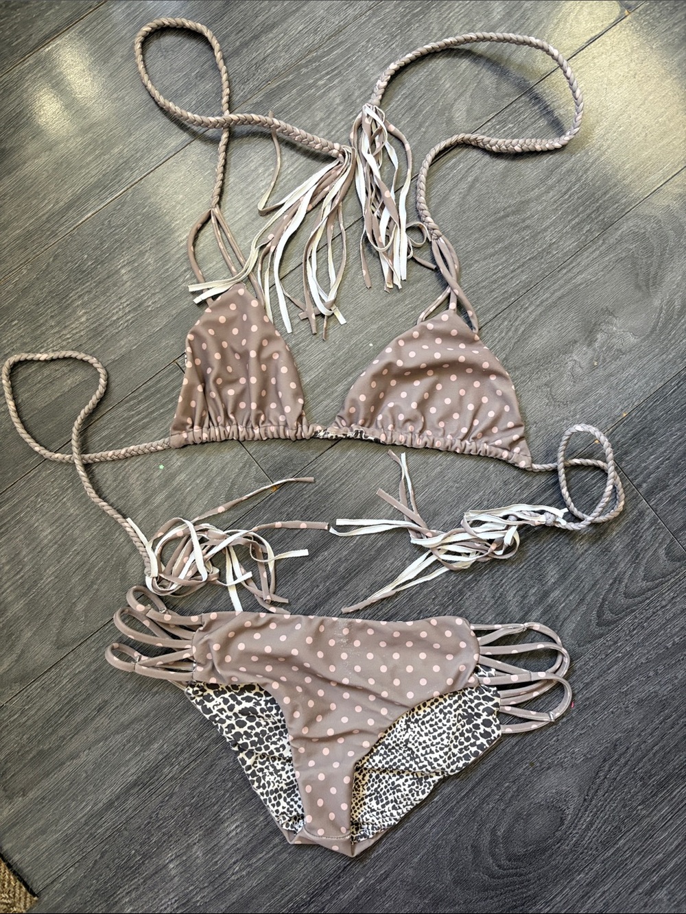 acacia swimwear Beige and Black Dotted Bikini Top